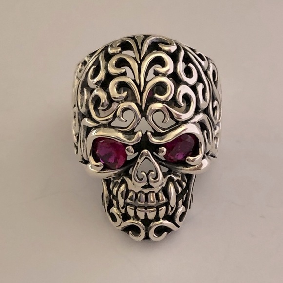 925 silver size 7.5 biker skull ring cz eye unisex - Picture 3 of 5